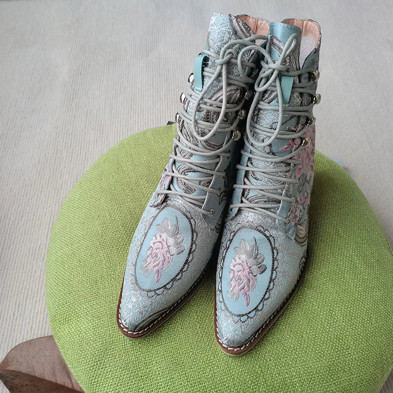 Blue Embroidered Flower Chinese Style Ankle Boots For Women