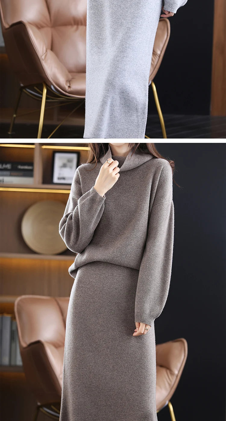 Wool Cashmere Knit Sweater and Skirt Two Piece Set for Women