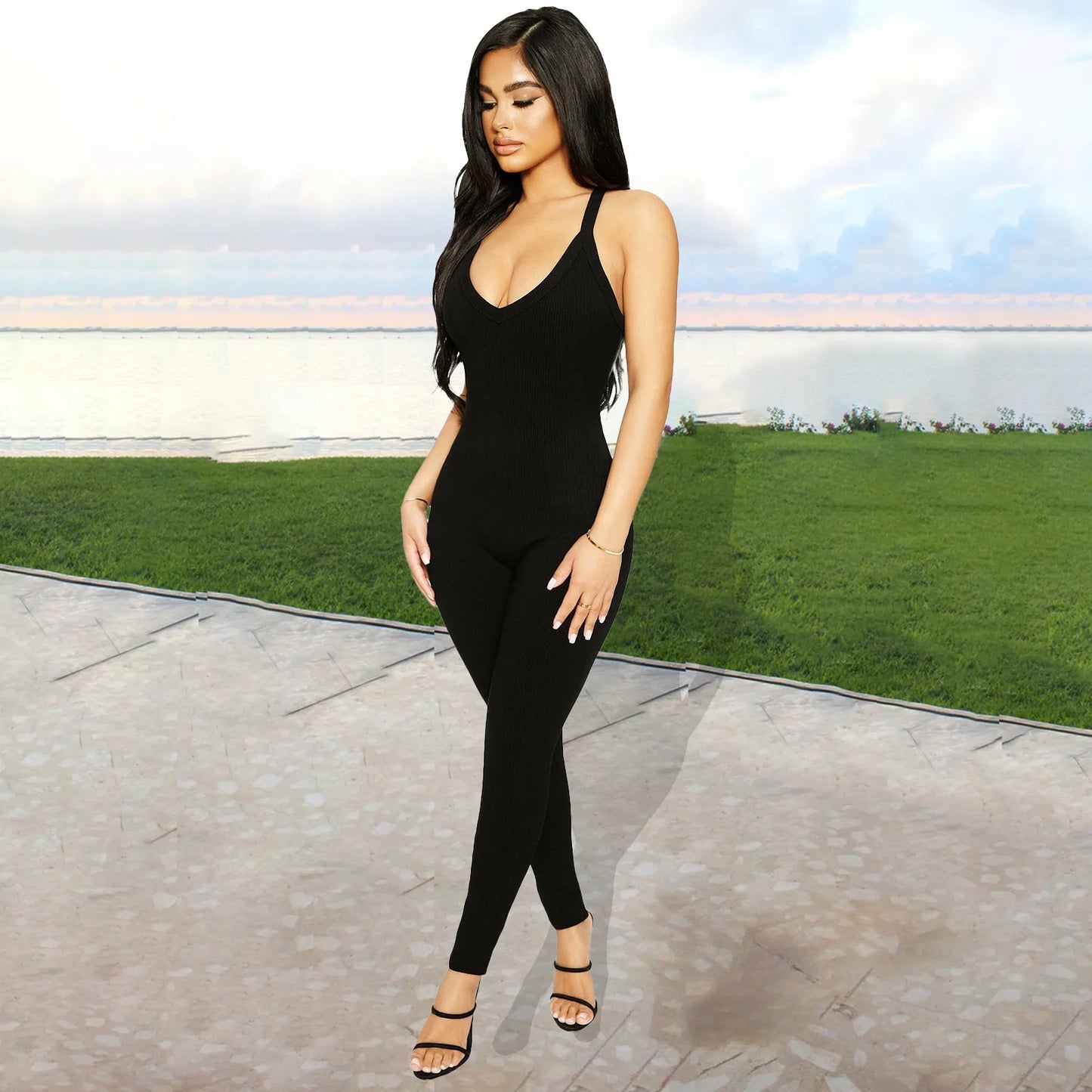 Sleeveless V Neck Criss Cross Back Jumpsuit For Women