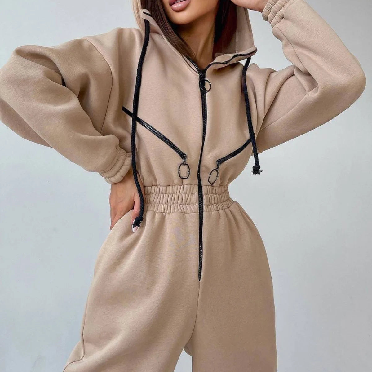 Casual Long Sleeve Hooded Jumpsuit With Pockets for Women