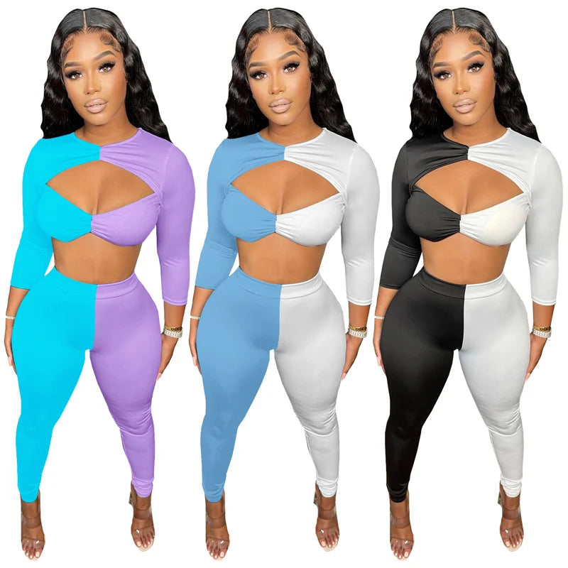 Color Block Patchwork Two Piece Set Women Cut Out Crop Top and Pants Leggings Club Outfits for Women Matching Sets Tracksuit