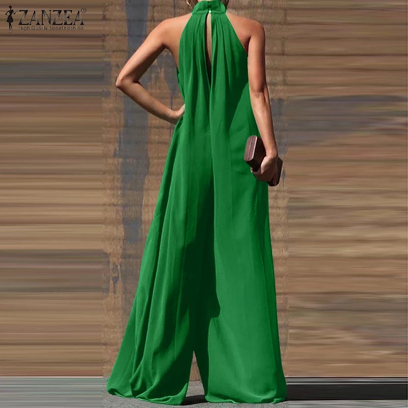 ZANZEA 2024 Summer Women Party Elegant Jumpsuits Wide Leg Rompers Solid Color Wide Leg Playsuits Holiday Chic Sleeveless Overall