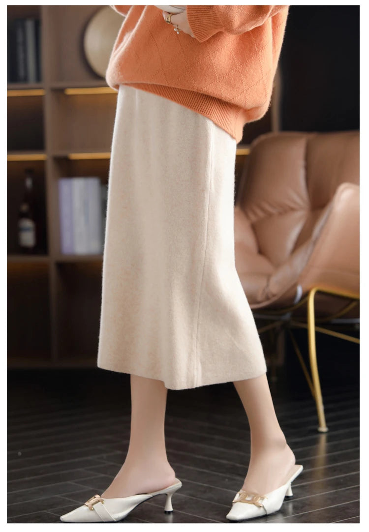 Pure Wool High Waist Knit A-Line Midi Skirt for Women