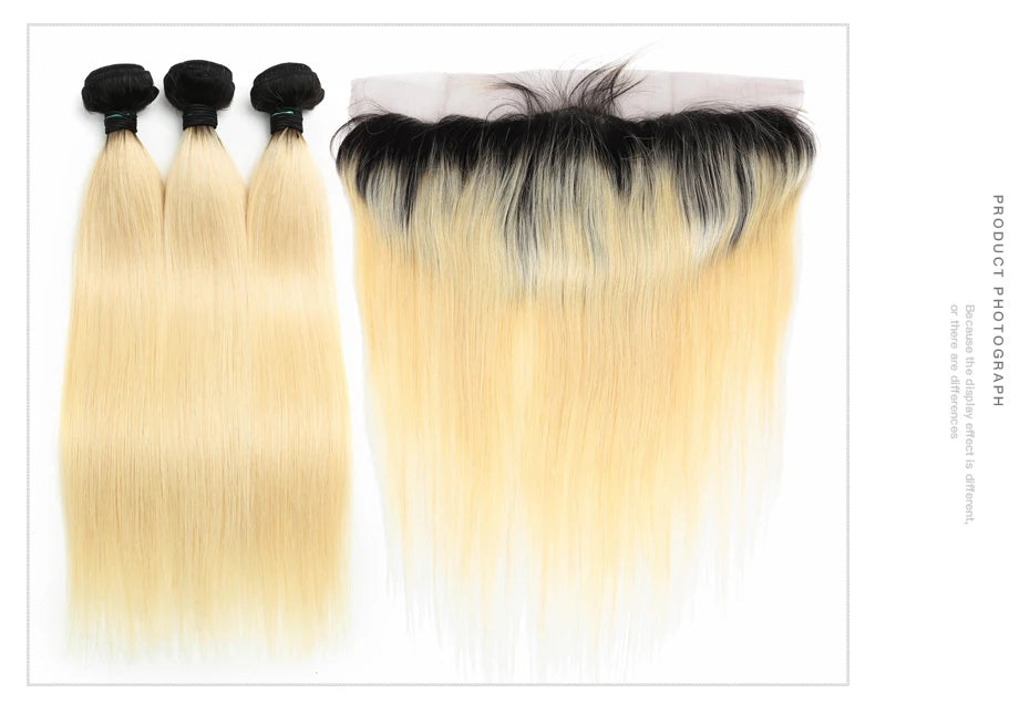 Dark Root Blonde Ombre Straight Hair Bundles With Lace Frontal For Women