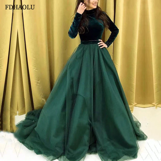 Muslim Evening Dress High Neck Long Sleeve Velvet A-Line Long Formal Dubai Arabic Kaftan Prom Party Dress Gowns Customized