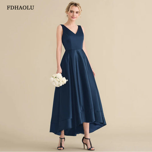 Navy Blue Prom Dresses Long Ankle Length V-Neck Zipper Back Satin Evening Gowns Formal Party Dress Vestidos De Festa Customized