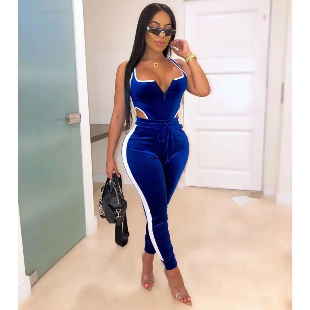 Velvet V-Neck Two Piece Top and Pants Set for Women