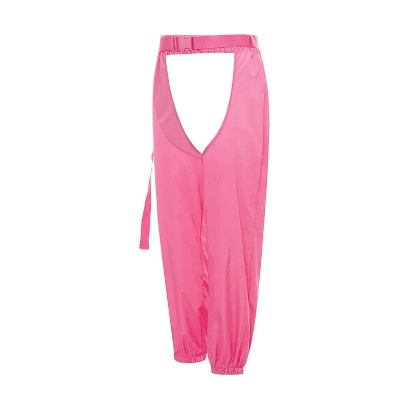 hirigin Women Buckles Bottomless Pants High Waist Cargo Trousers Crothchless Color Block Boggy Trousers Long Rave Legging