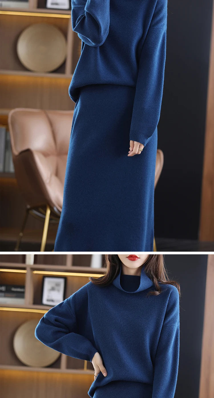 Wool Cashmere Knit Sweater and Skirt Two Piece Set for Women