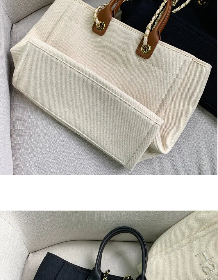 New Women Tote Bag Fashion Canvas Large Handbag Chains Genuine Leather Shoulder Bags Ladies Big Messenger Bag Shopping Bag