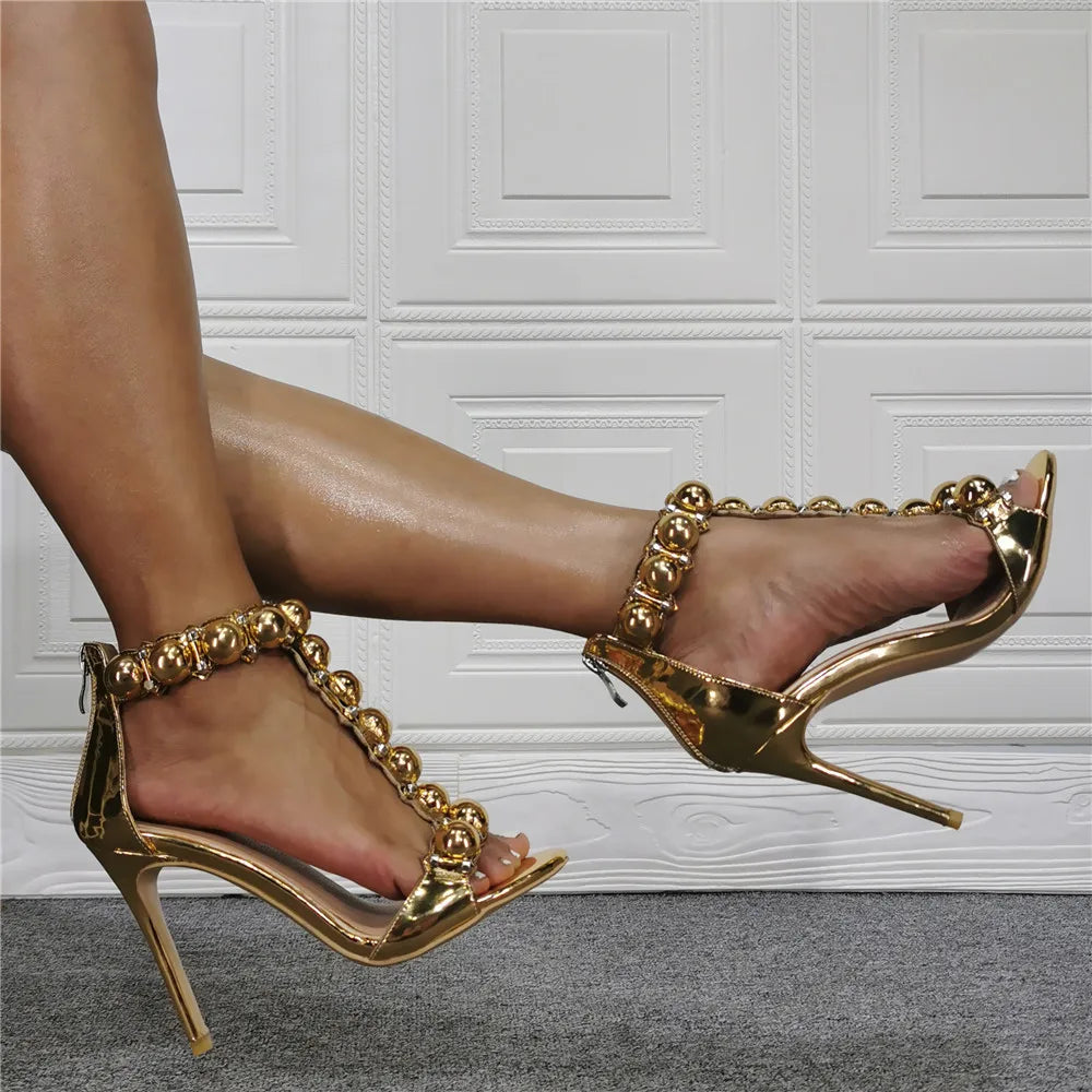 Ins Bling Bling Summer Gold Balls Beading High Heel Open Toe Sandal Woman Gold T Strap Balls Beading High Heel Sandal Real Photo