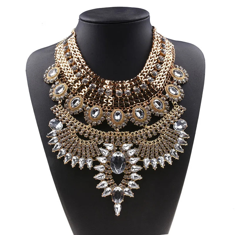 Chunky Crystal Rhinestone Statement Bib Necklace for Women