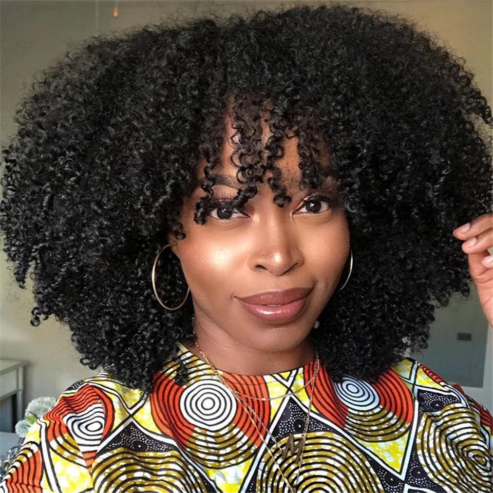 Natural Afro Kinky Curly Bob Wig With Bangs for Women