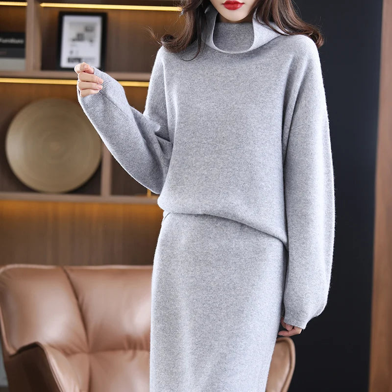 Wool Cashmere Knit Sweater and Skirt Two Piece Set for Women