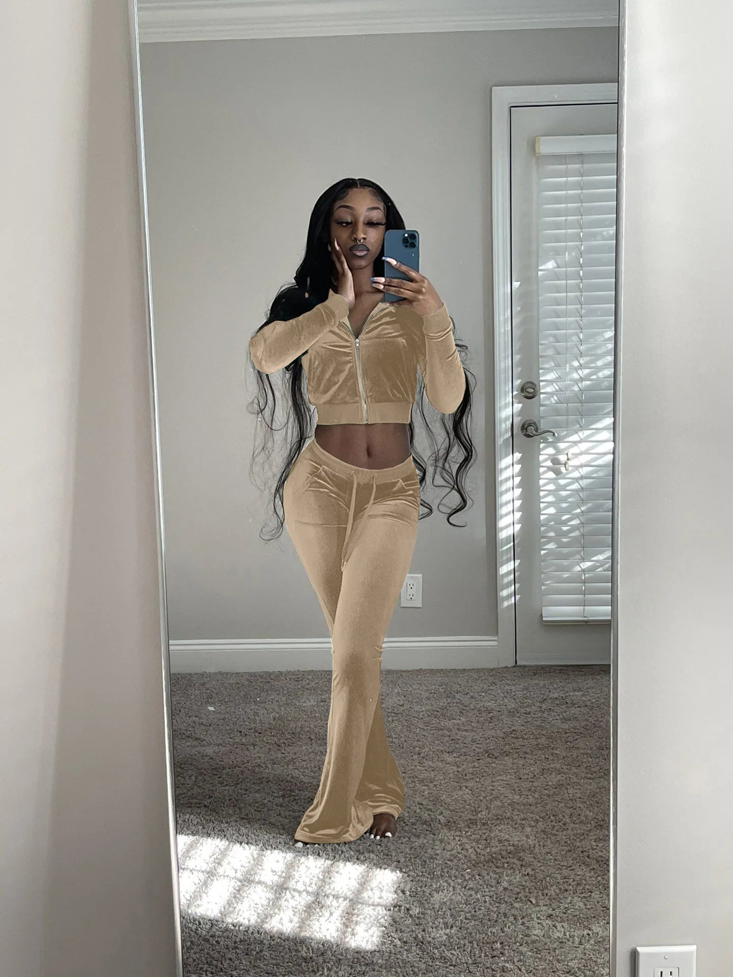Zippered Turtleneck Velour Two Piece Wide Leg Set for Women