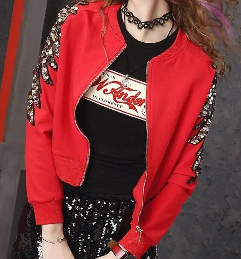 Red Sequined Beaded Elastic Lightweight Short Jacket for Women