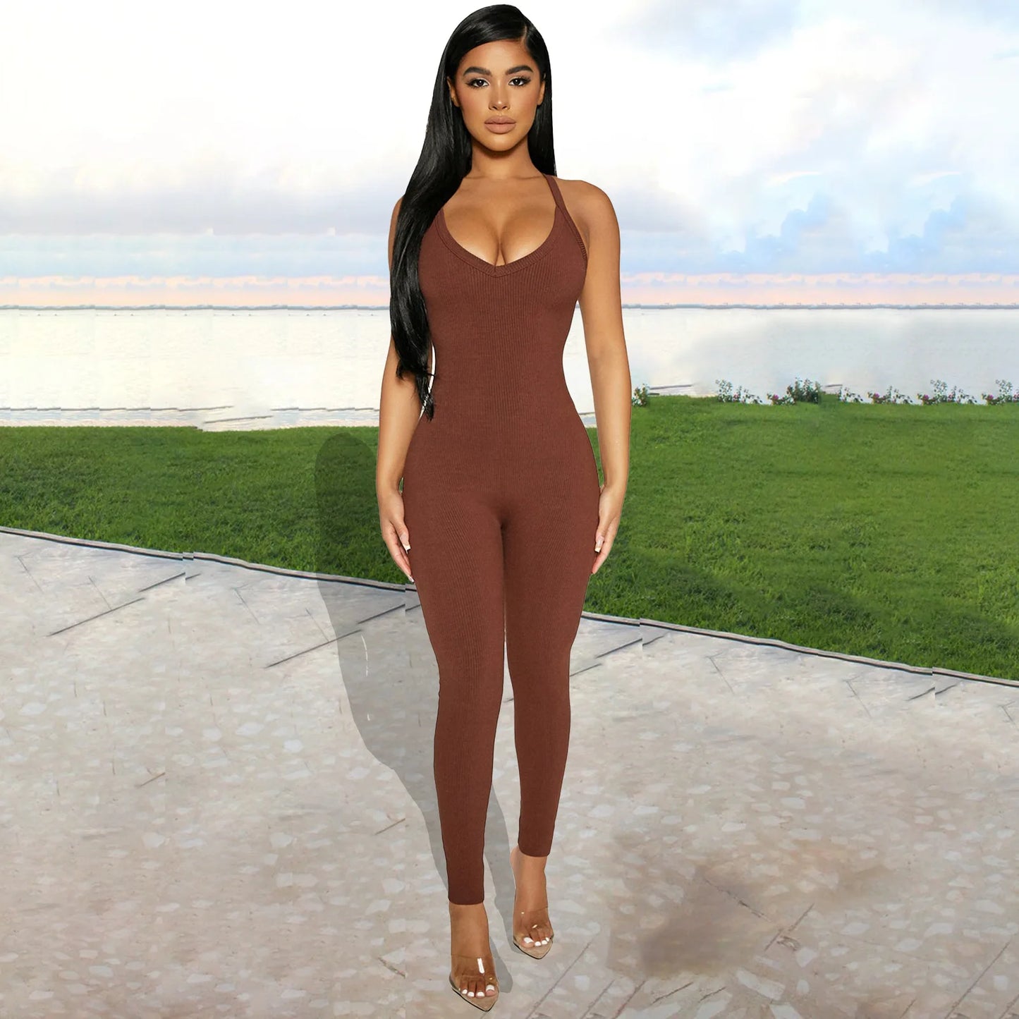Sleeveless V Neck Criss Cross Back Jumpsuit For Women