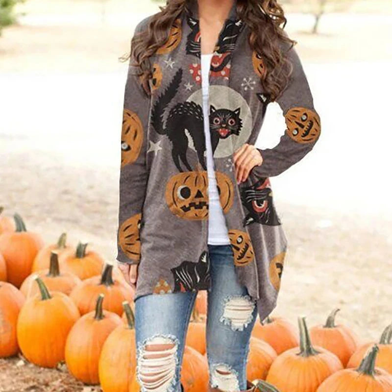 Skull Pumpkin Print Open Front Long Cardigan for Women