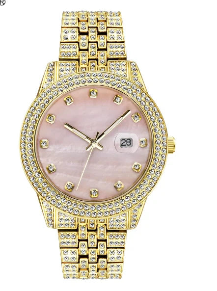 2025 UWIN Pink Mother of Pearl Watch White Gold Finished Iced Out Pink Marble Dial Crystal Luxury Watch for Women