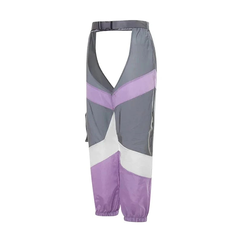 hirigin Women Buckles Bottomless Pants High Waist Cargo Trousers Crothchless Color Block Boggy Trousers Long Rave Legging