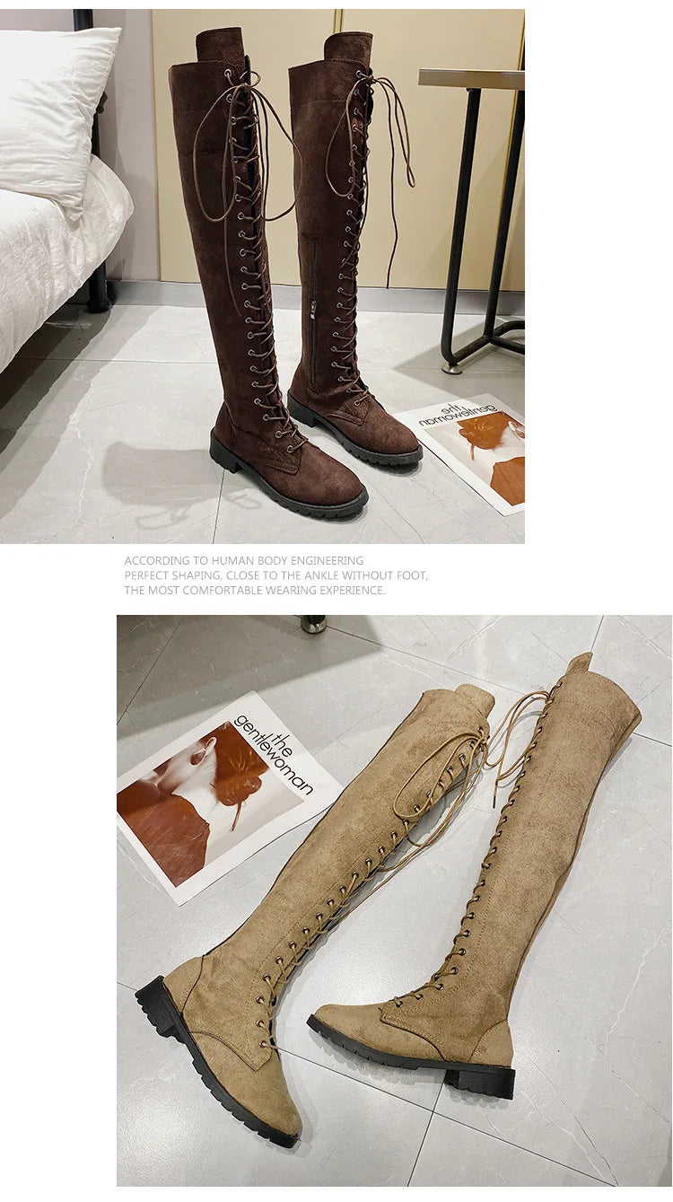 Lace Up Low Heel Winter Over The Knee Boots for Women