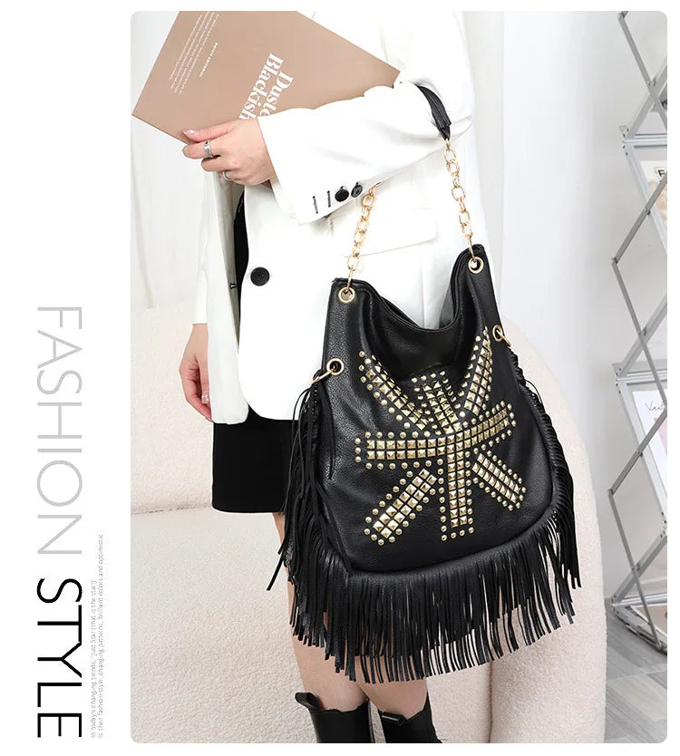 Rivet Tassel Large Capacity Crossbody Shoulder Bag for Women
