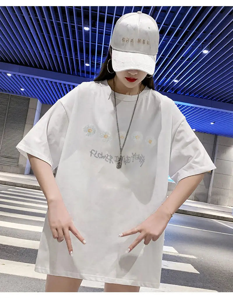 Fashion Women's T-shirt For Summer Short Sleeve Pulovers Midi Loose Clothes Casual Graphic Aesthetic Cotton Tops Korean T Shirt