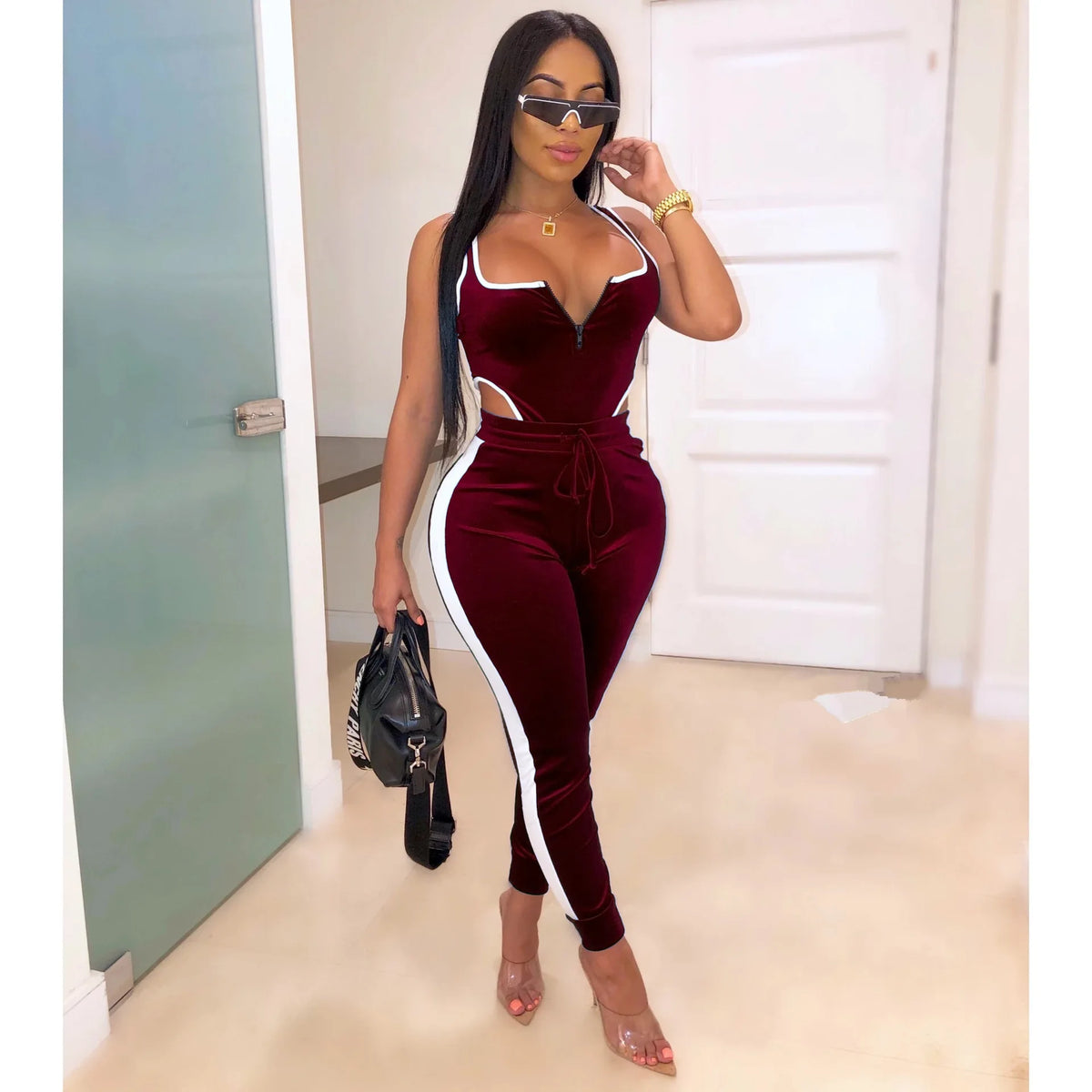 Velvet V-Neck Two Piece Top and Pants Set for Women