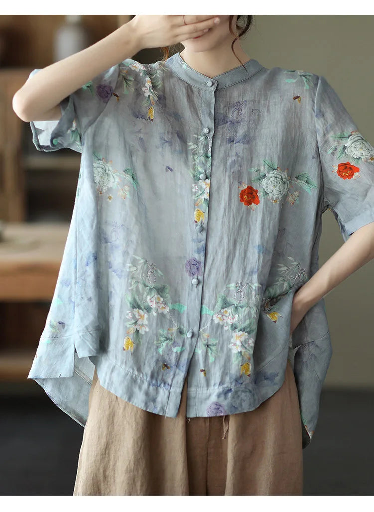 Relaxed Fit Floral Print Cotton Linen Short Sleeve Shirt for Women