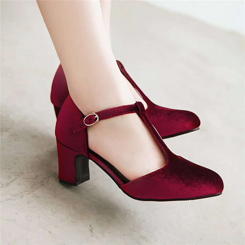 Velvet T Strap Square Heel Mary Janes