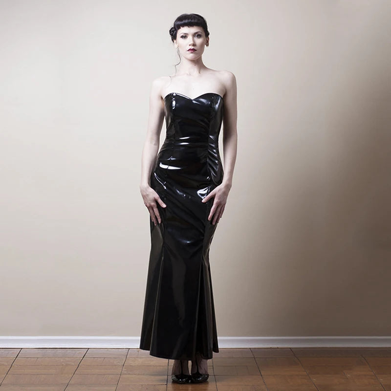 Strapless Black Mermaid Faux Leather Evening Gown for Women