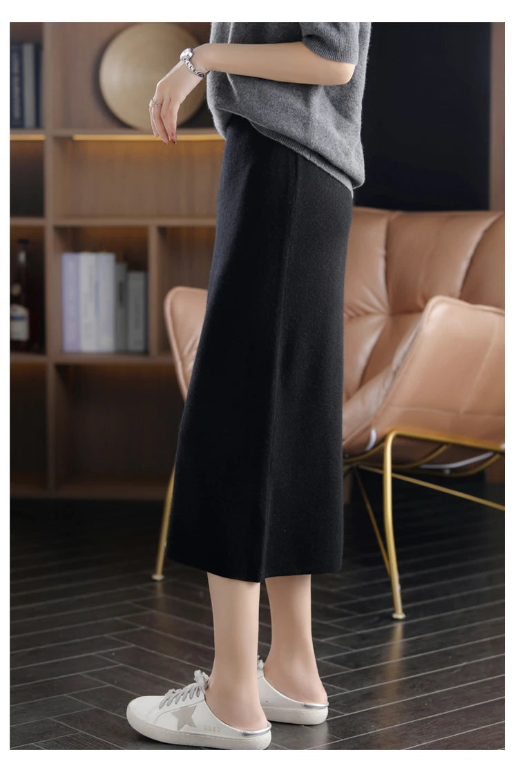 Pure Wool High Waist Knit A-Line Midi Skirt for Women
