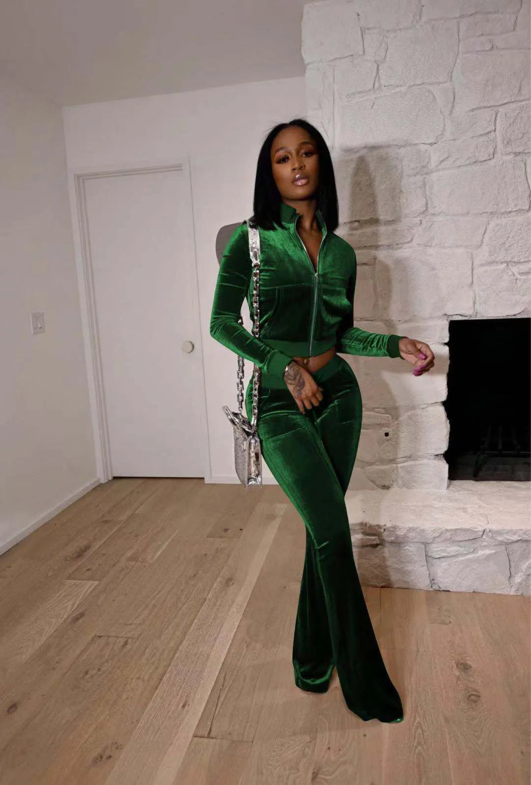 Zippered Turtleneck Velour Two Piece Wide Leg Set for Women