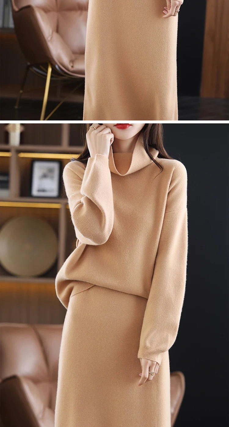 Wool Cashmere Knit Sweater and Skirt Two Piece Set for Women