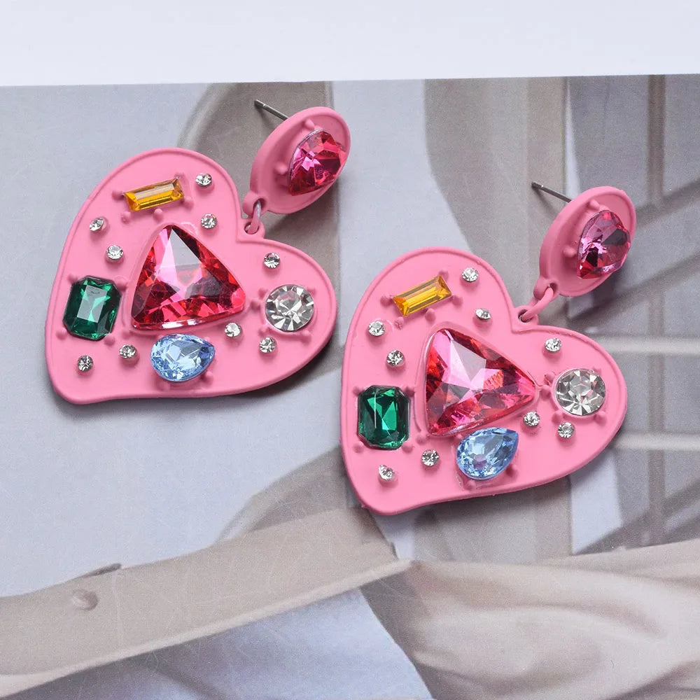Pink Enamel Heart Shaped Crystal Drop Earrings for Women