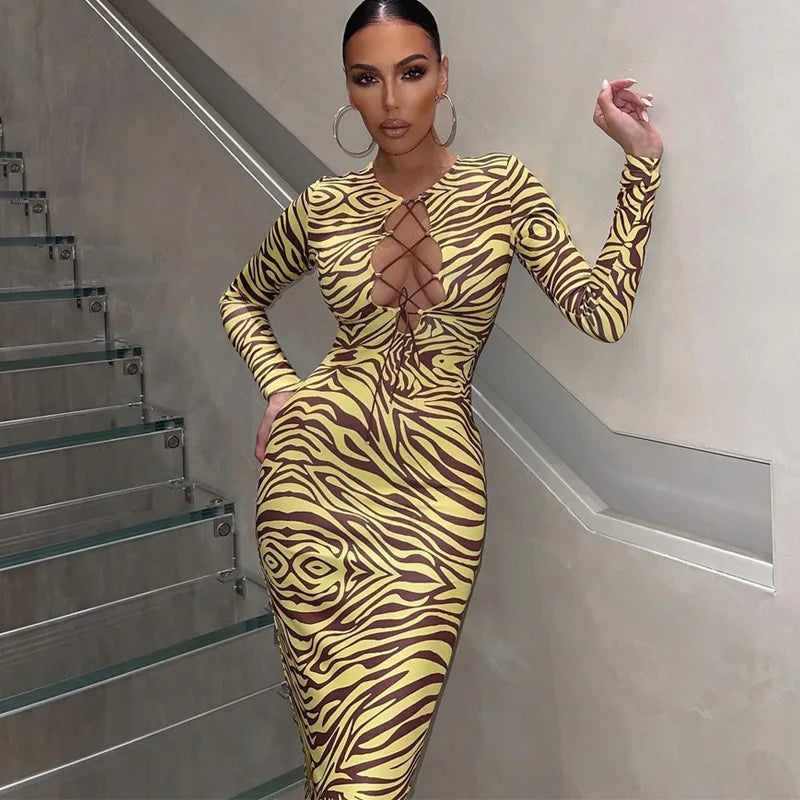 Zebra Print Hollow Out Bodycon Midi Dress for Women