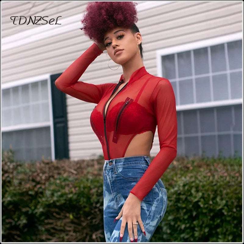 Long Sleeve Sheer Mesh Bodysuit With Pockets For Women