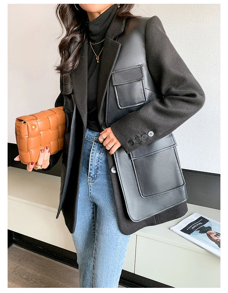 Black Patchwork Faux Leather Jacket With Pockets For Women