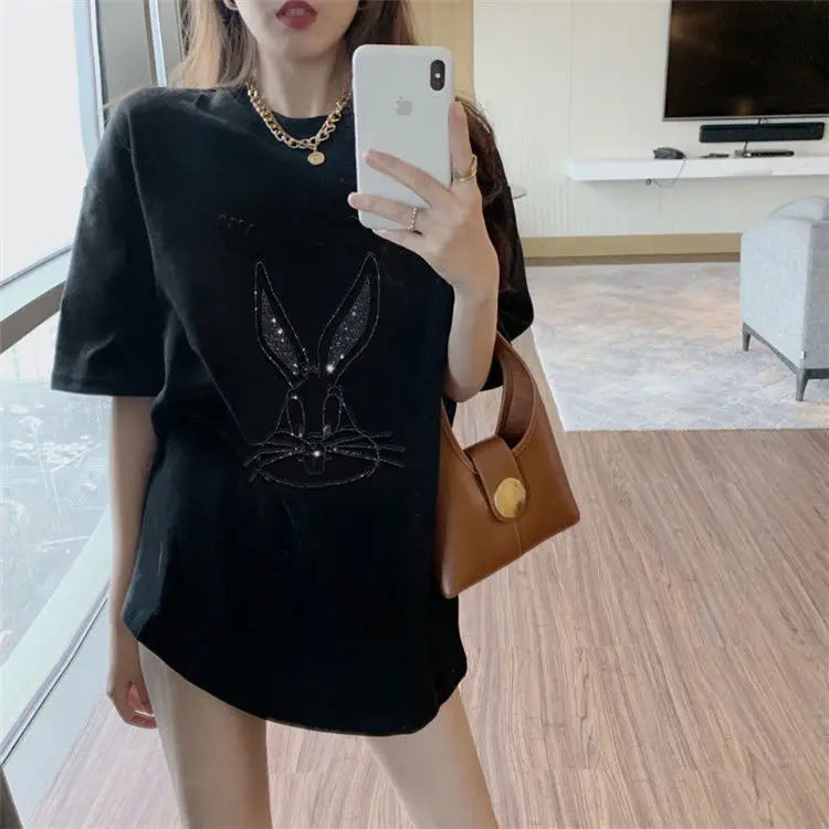 Fashion Women's T-shirt For Summer Short Sleeve Pulovers Midi Loose Clothes Casual Graphic Aesthetic Cotton Tops Korean T Shirt