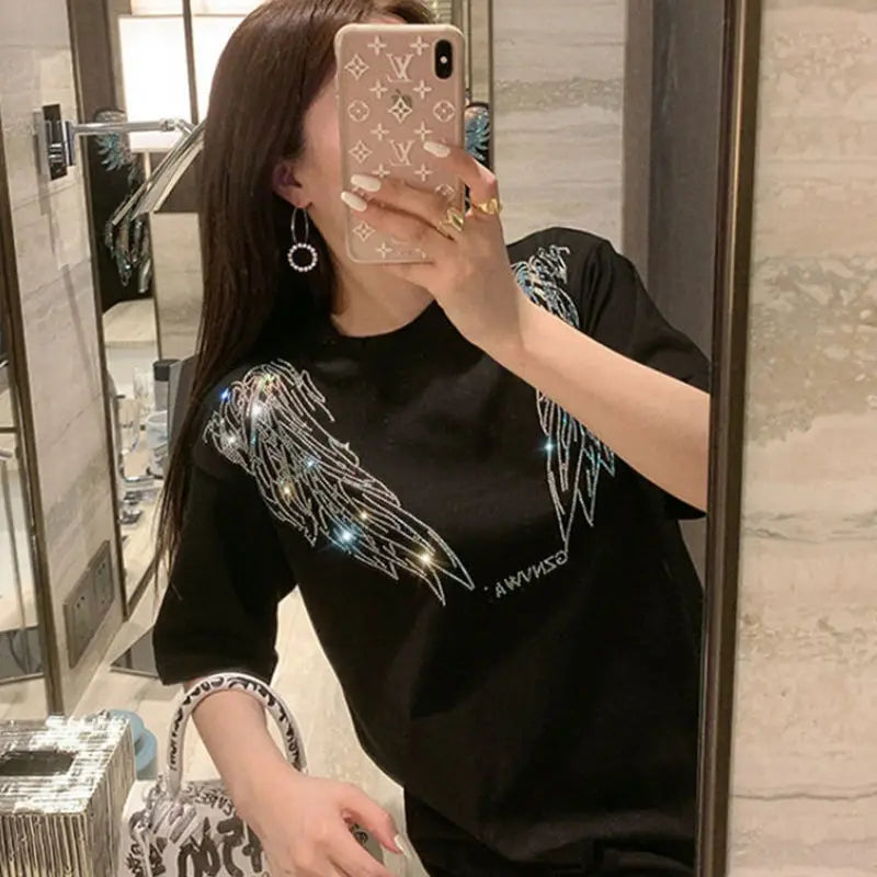 Fashion Women's T-shirt For Summer Short Sleeve Pulovers Midi Loose Clothes Casual Graphic Aesthetic Cotton Tops Korean T Shirt