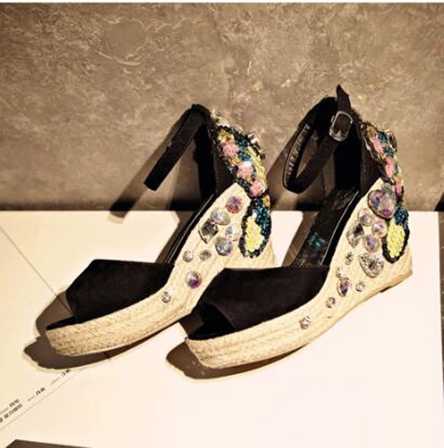 Butterfly Rhinestone Embellished Rope Braided Wedge Sandals Peep Toe for Women