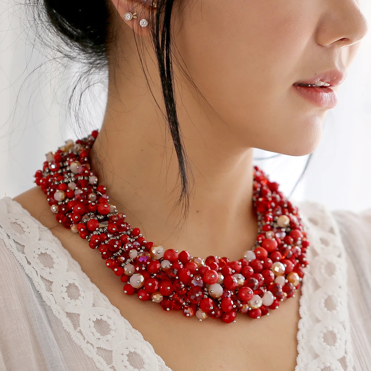 Double Layer Turquoise Bead Statement Necklace for Women