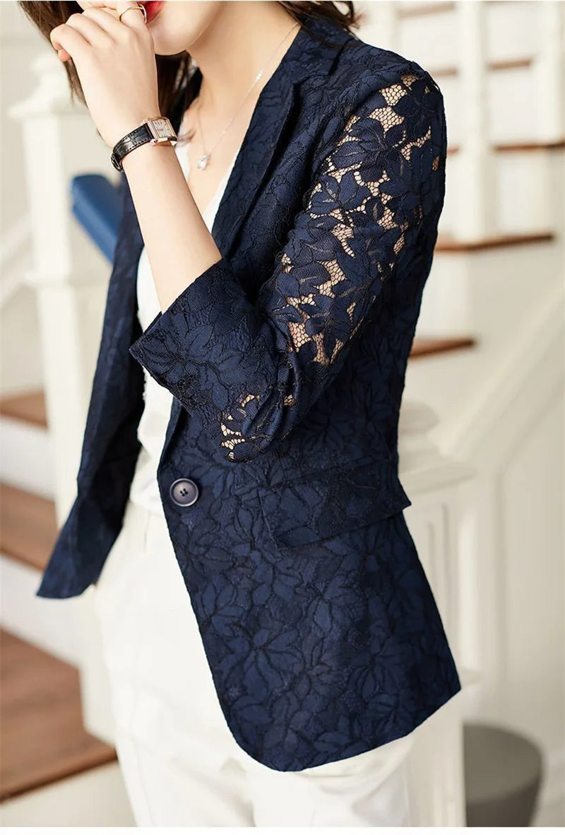 Size 6XL Lace Suit Jacket Female 2021 Autumn And Summer Temperament Sunscreen Hollow Blue Ladies Blazer Women Tops Elegant