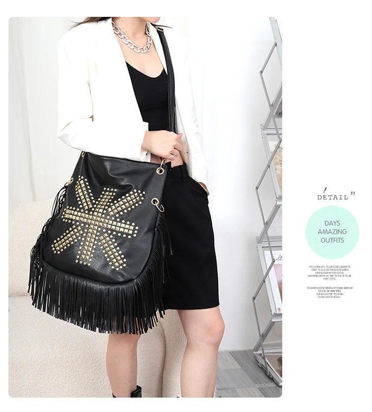 Rivet Tassel Large Capacity Crossbody Shoulder Bag for Women