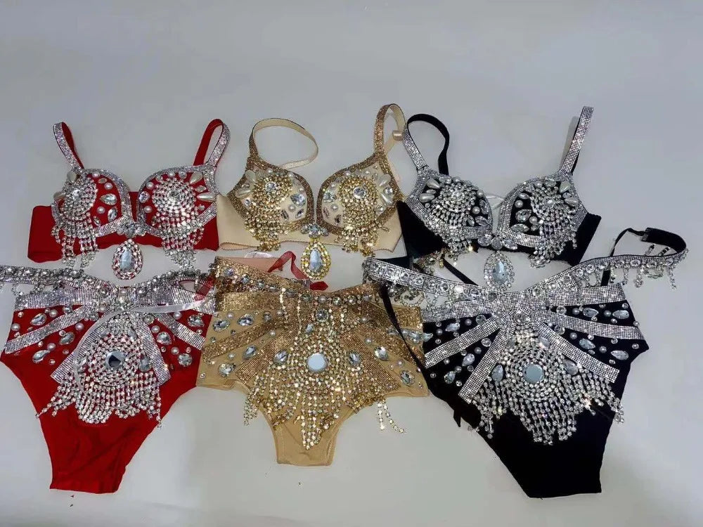 Gold Rhinestone Belly Dance Bikini Costume for Women