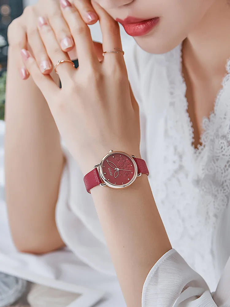 Four-leaf Clover Flower Elegant Women's Watch Japan Mov't Lady Hours Fine Fashion Real Leather Bracelet Girl's Gift Julius Box