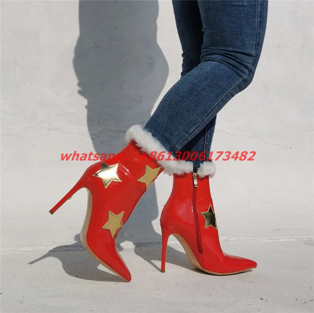 Woman Christmas Golden Star Patent Leather Pointed Toe High Heel Boots Plus Size 47 Woman Red Christmas High Heel Ankle Boots