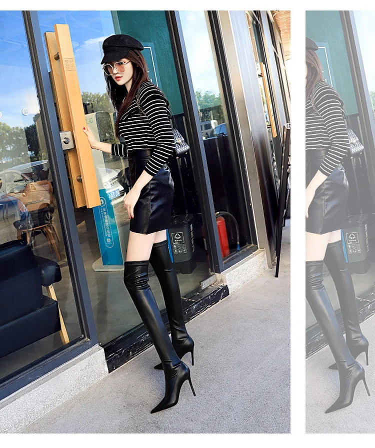 Black Leather Stiletto Over The Knee Boots for Women