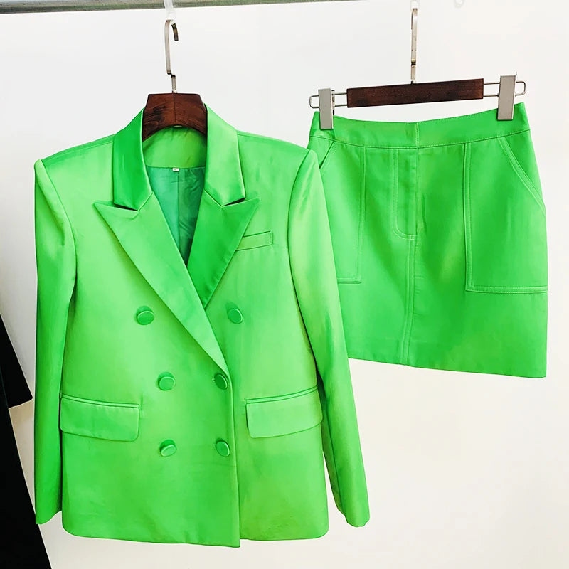 HIGH STREET Newest Fashion 2026 Designer Runway Suit Set Women's Double Breasted Straght Satin Blazer Mini Skirt Set