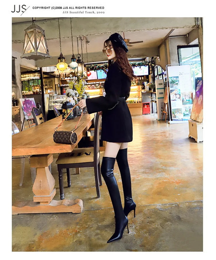 Black Leather Stiletto Over The Knee Boots for Women
